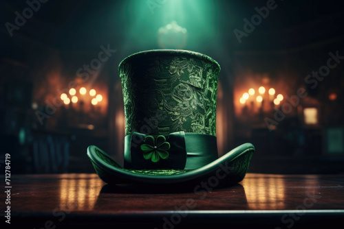 A green top hat with a shamrock on the brim, representing the Irish culture and traditions on St. Patrick's Day photo
