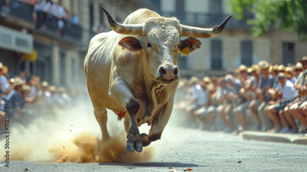 Bull Running Down Street in Front of Crowd. Corrida. Bull Running Down Street in Front of Crowd. Corrida.