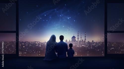 Ramadhan Kareem greetings. Family at the window looking at the Islamic city with a skyline of mosques, crescent moon and stars - generative ai