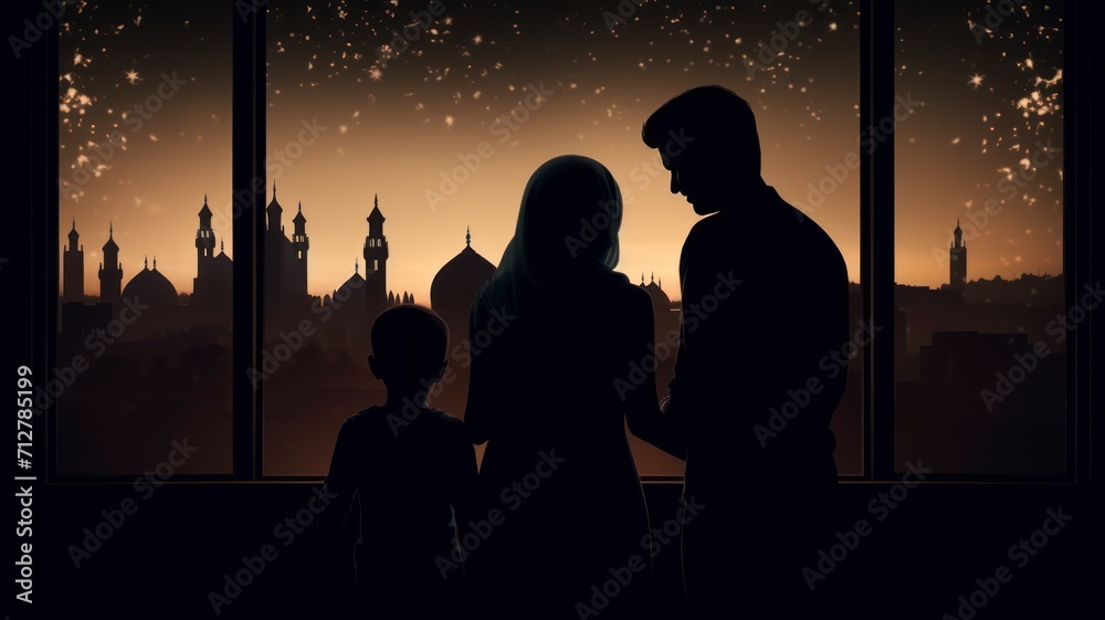 Ramadhan Kareem greetings. Family at the window looking at the Islamic city with a skyline of mosques, crescent moon and stars - generative ai