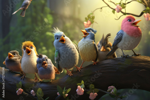 A group of wild birds perched atop a tree branch, singing in unison to celebrate Earth Day photo