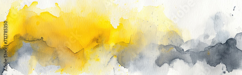 Watercolor abstract background on white canvas with dynamic mix of bright yellow and gray colors, banner, panorama photo