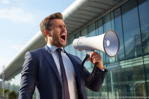 Businessman Shouting through Megaphone Outside Office Building © Stock Habit