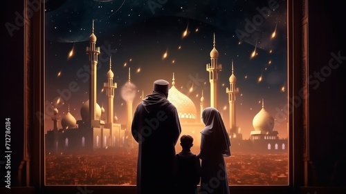 Ramadhan Kareem greetings. Family at the window looking at the Islamic city with a skyline of mosques  crescent moon and stars - generative ai