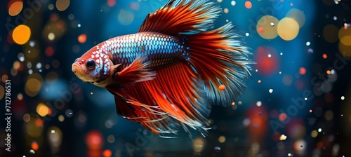 Vibrant betta fish in macro photography with bokeh backdrop, colorful aquatic life concept.