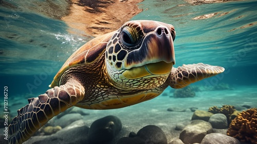 A graceful sea turtle swimming in a vibrant, colorful ocean environment with crystal clear waters