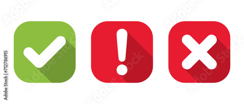 Checkmark, exclamation, and cross mark icon vector with long shadow. Check, warning, and x symbol on square background