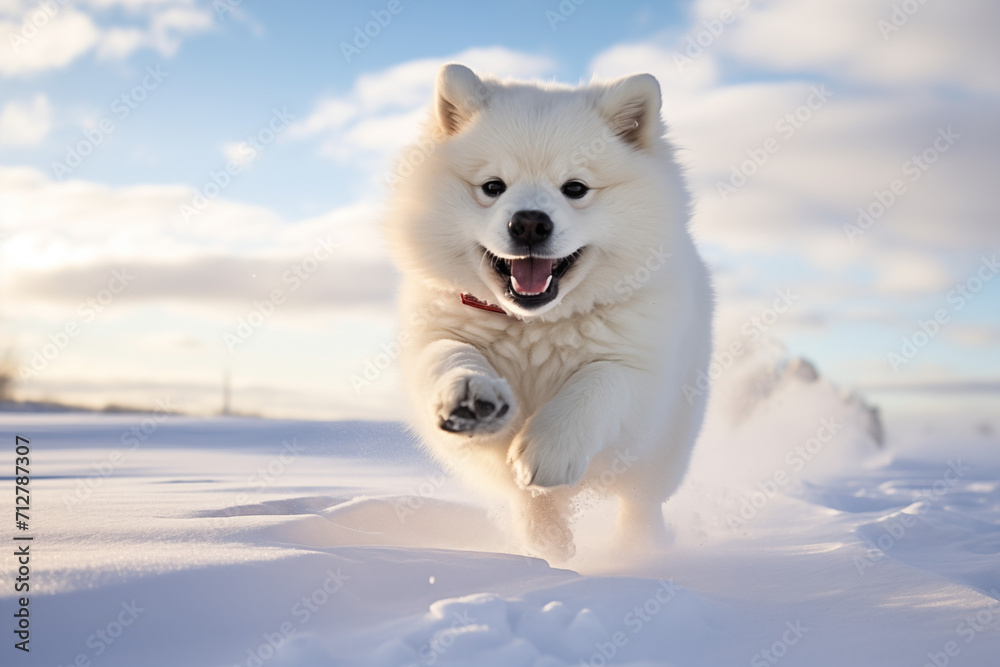 White dog running in snow