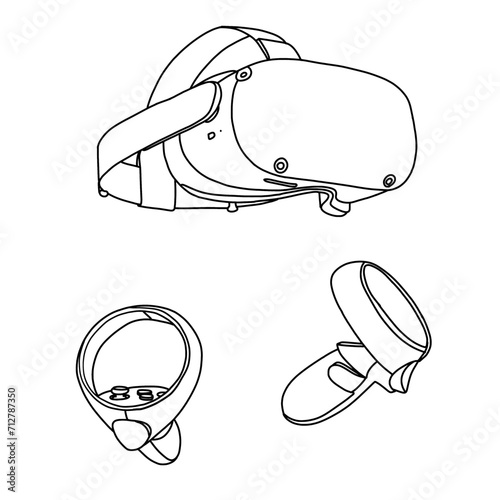 Technical sketch drawing of Virtual reality headset and motion controller line art. line drawing of VR gaming. Vector illustration, isometric view isolated with white background.