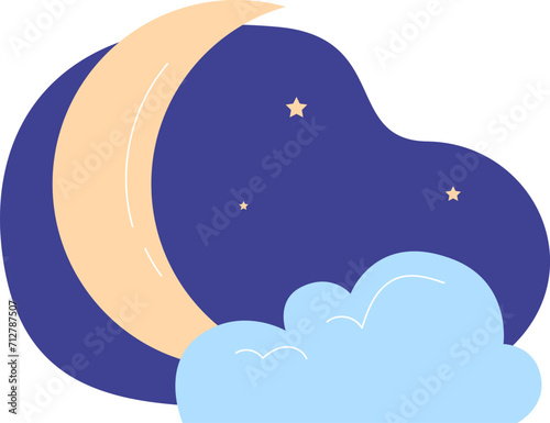 Crescent moon with stars and clouds on night sky. Simple celestial bodies for kids room decor vector illustration.