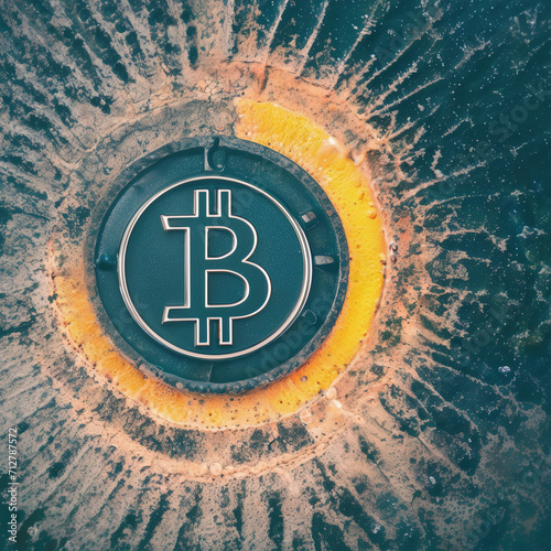 Bitcoin logo on a textured surface. Cybersecurity, digital asset, financial concept.