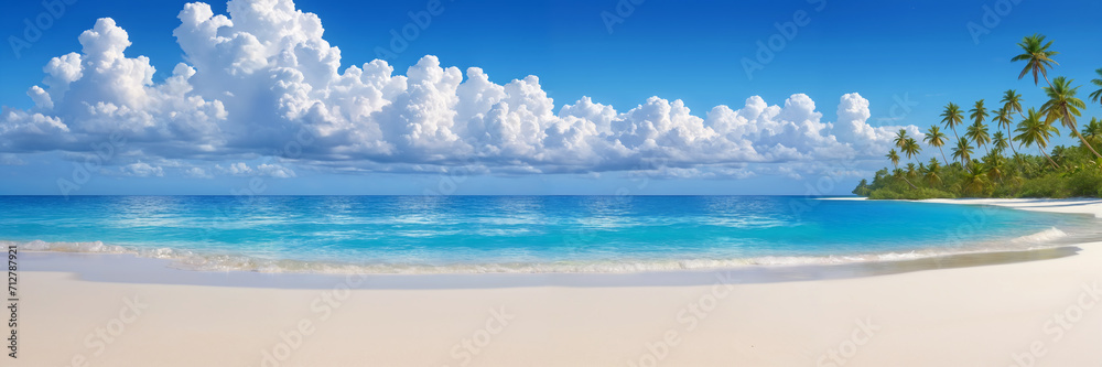 Landscape of a serene island beach with blue water, white clouds, light blue sky, white sand and palm trees Landscape of a serene island beach with blue water, white clouds, light blue sky, white sand and palm trees