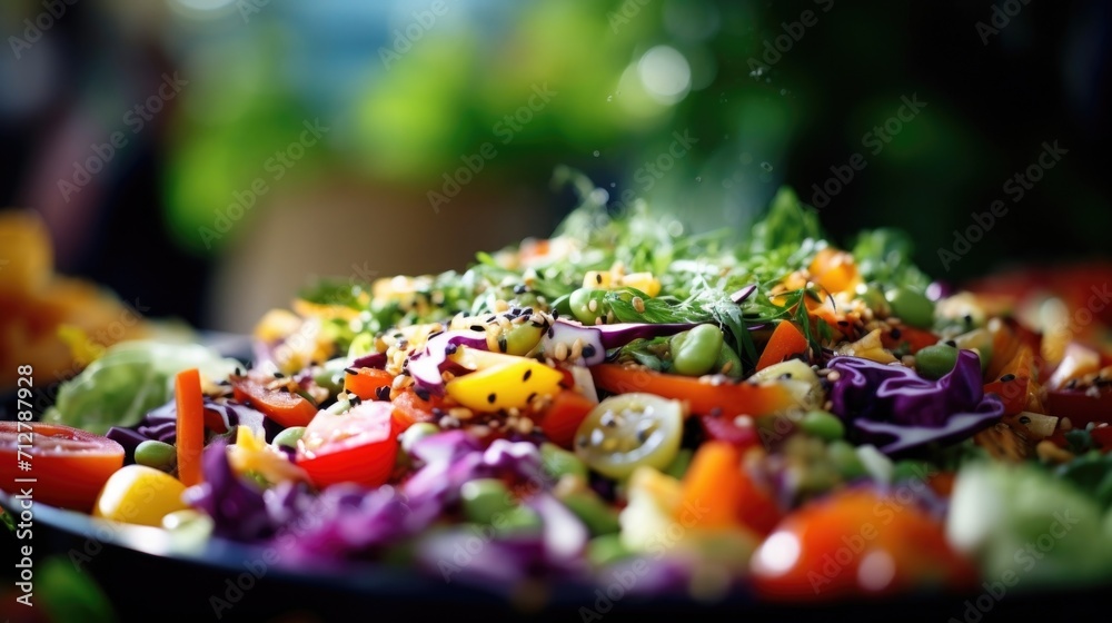 A detailed shot of a colorful salad, overflowing with nutrientdense vegetables and lean protein, promoting a wellrounded healthy diet.