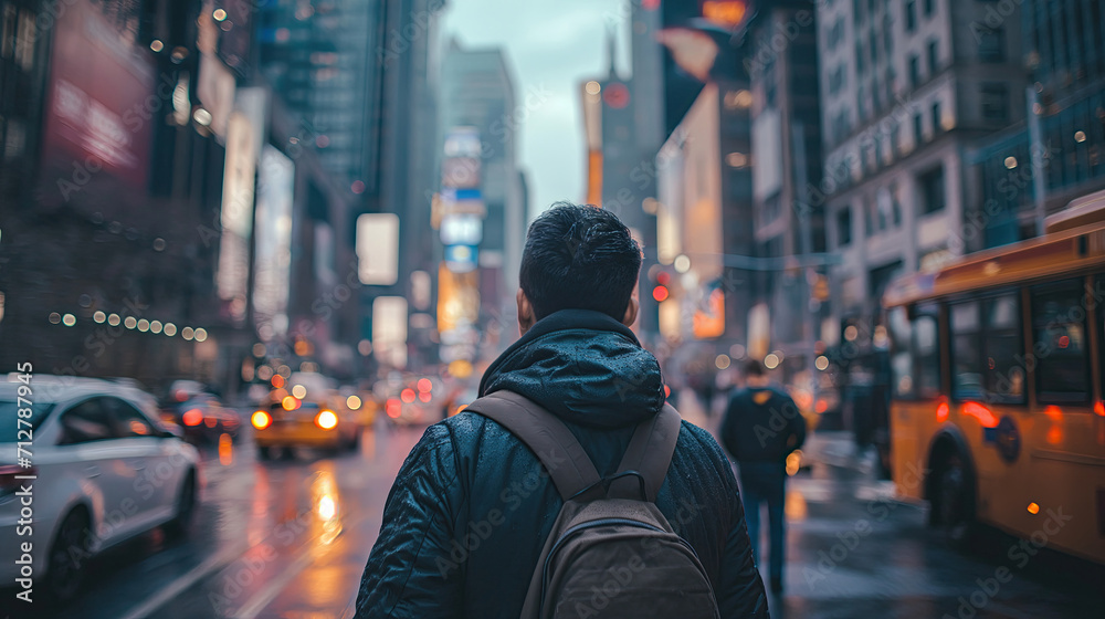 Man walking down a city street at night, surrounded by glowing neon lights