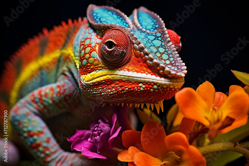 Vibrant chameleon resting on a flower © rani