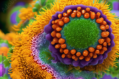 Macro photography of virus or microscopic tissue, colorful and abstract. Microscopic cell, bacteria, infection concept.