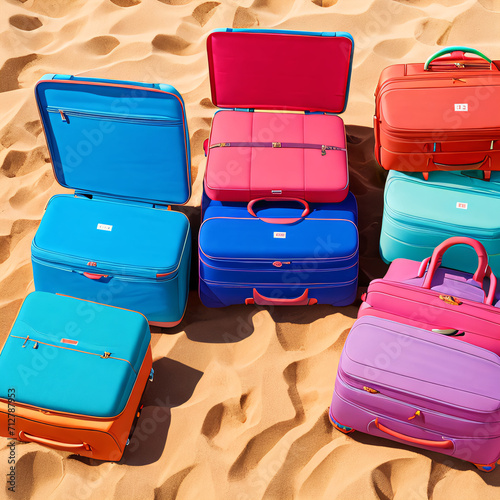 Luggage, sand, and sea, the perfect holiday scene. Vacation, packing, and travel concept.