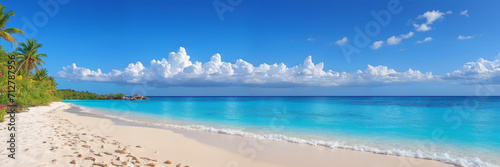 A serene island beach landscape with palm trees  white sand  and blue sea under a blue sky with clouds