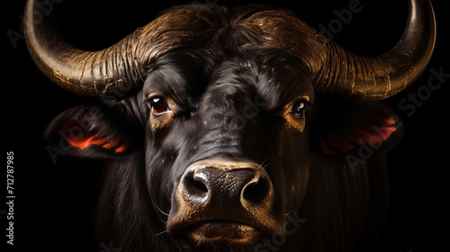 Majestic african buffalo portrait in isolated black background setting