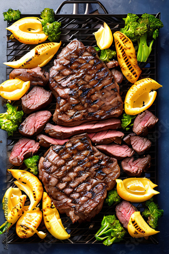 Rare steak being cooked on an iron grill, flam broiled. Crispy and smoky exterior, tender and juicy inside. Perfect steak ready to be enjoyed. Grill, steak, cooking concept.