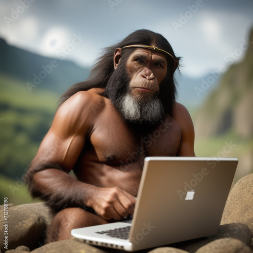 Ape-like figure using laptop, depicting the transformation of mankind. Pre-human, computing, evolution concept.