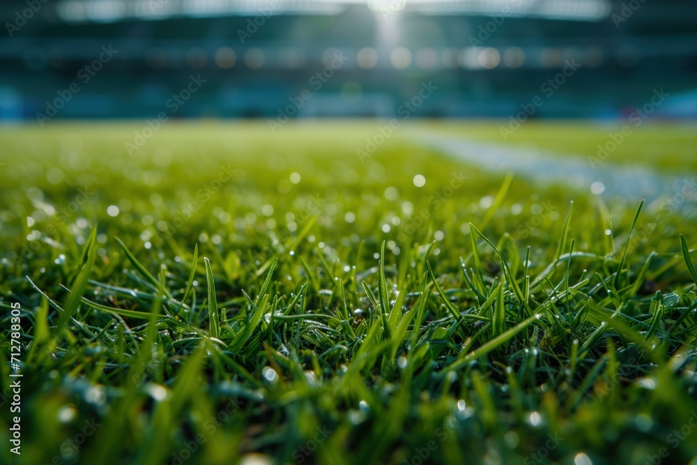 Macro Close-Up of Grass in a Football Stadium. Soccer Field Pitch CloseUp. Generative AI.