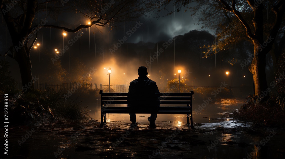 Person sitting at a bench at a park by themselves at night, enjoying their solitude. Person sitting at a bench at a park by themselves at night, enjoying their solitude.