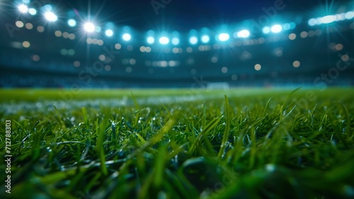 Macro Close-Up of Grass in a Football Stadium. Soccer Field Pitch CloseUp. Generative AI.