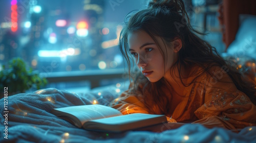 Brunette girl reading a book while laying on bed during evening. 