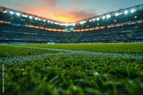 Macro Close-Up of Grass in a Football Stadium. Soccer Field Pitch CloseUp. Generative AI. photo