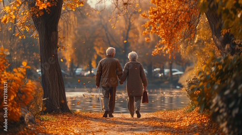 Elderly couple together walking towards a lake at the park full of flowers at fall.