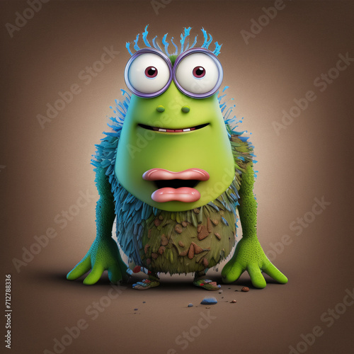 An evil virus character with a comical expression. Symbolizing diseases, contamination and bad hygiene. 3D animation style. Infection, danger, humor concept.