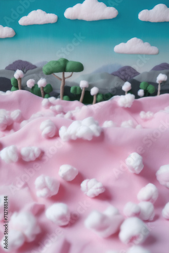 A landscape of soft, sugary colors, with whimsical shapes and clouds of candy. A pastoral vision of a fantasy world, sweet and inviting. Magical, dreamy, playful concept.