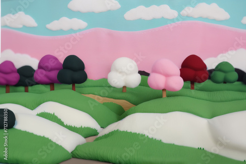 Dreamy clouds, pastel colors, and candy-inspired shapes form a candy land landscape. Soft, sugary hues and shapes bring a sense of comfort and joy. Colorful, whimsical, fantasy concept.