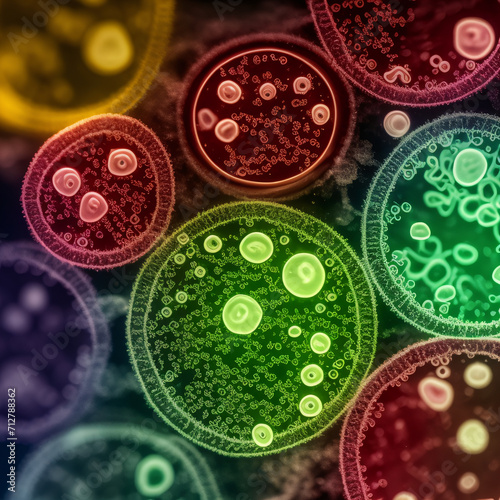 Macro view of 3D bacteria and virus cells in scientific lab petri dish. Microscopic, complexity, research concept.