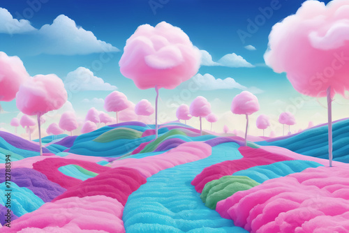Dreamy clouds, pastel colors, and candy-inspired shapes form a candy land landscape. Soft, sugary hues and shapes bring a sense of comfort and joy. Colorful, whimsical, fantasy concept.