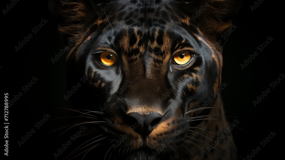 Majestic front view of fierce panther on black background, wild animals banner with ample copy space