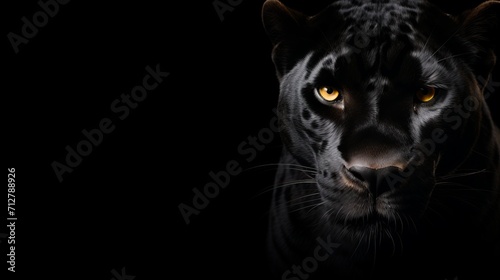 Powerful front view of panther on black backgroundmajestic wild animals banner with copy space. photo