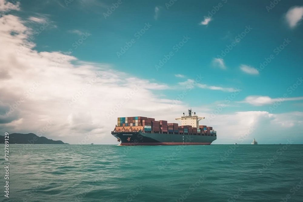Container ship on water under blue sky. Maritime logistics for international cargo delivery. Generative AI