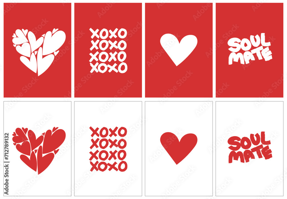 Modern minimal Valentine Postcard Set, Heart Xoxo Soul Mate Red hearts 5x7