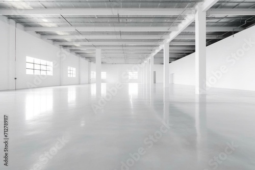 A white warehouse with concrete flooring. Generative AI