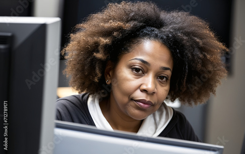 Black middle aged software engineer woman on background of computer screens. Success, technology, future concept.