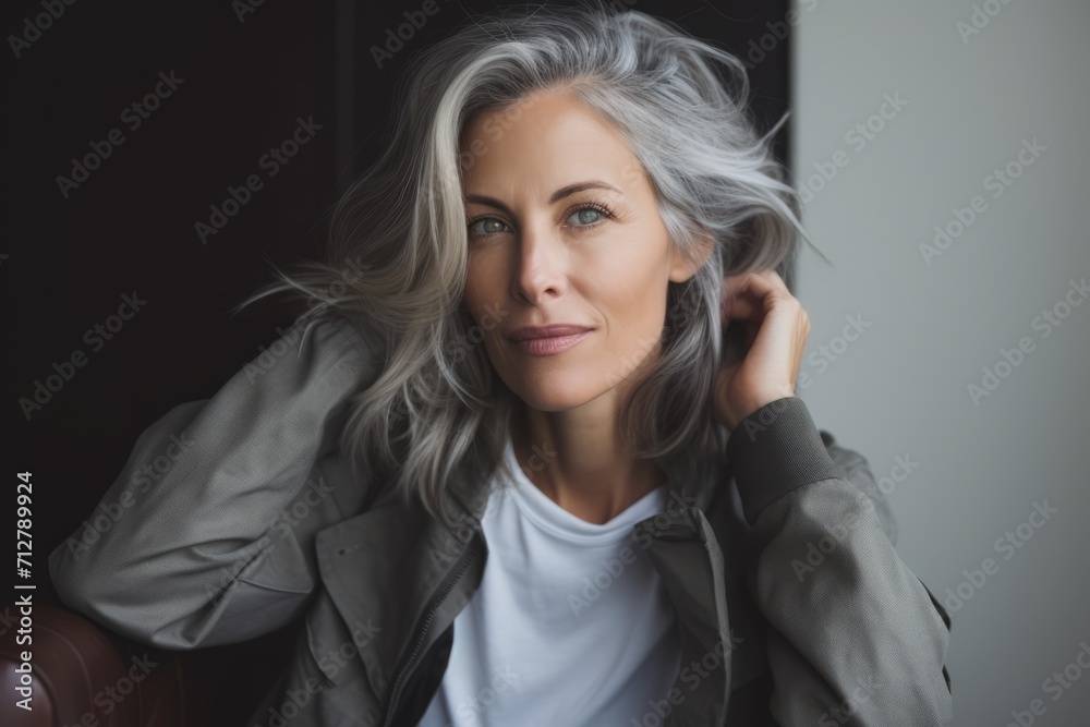Portrait of a beautiful blonde woman in a gray jacket and white T-shirt Portrait of a beautiful blonde woman in a gray jacket and white T-shirt