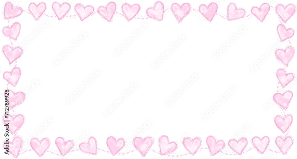 Abstract love border for Valentines Day greeting card design. Pink hearts horizontal frame isolated on white background