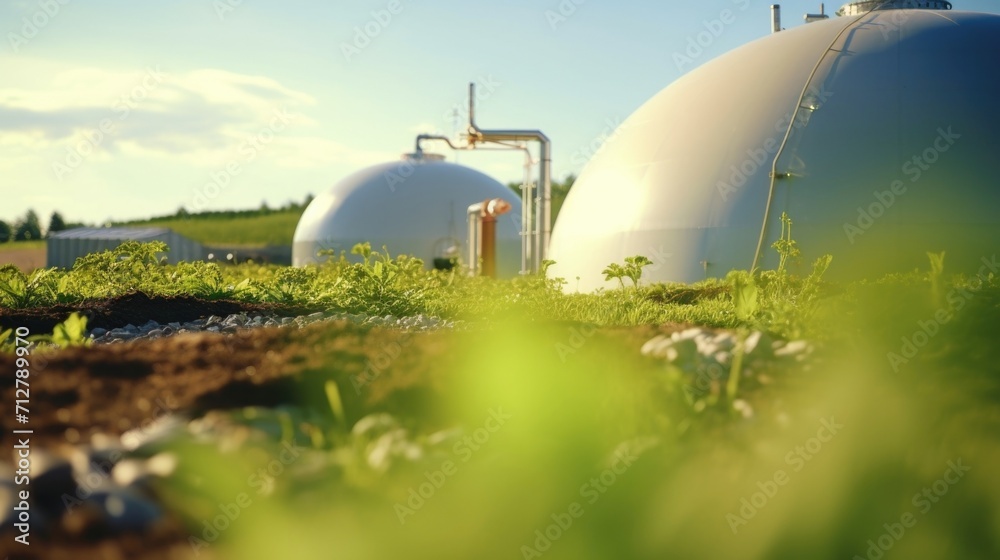 Closeup of a biogas digester, breaking down organic waste and producing ane gas for energy. - obrazy, fototapety, plakaty 