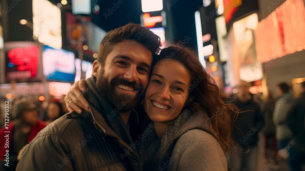 smiling couple taking a selfie, couple on vacation, traveling around the world