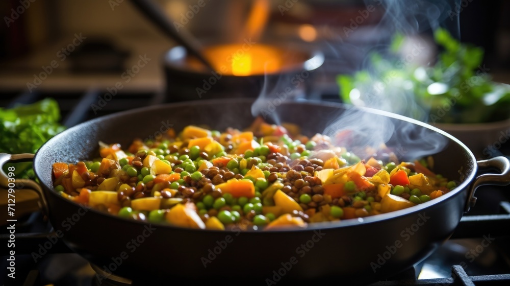 Closeup of a pot of simmering lentils and diced vegetables on a stovetop.
