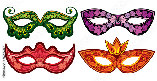 Set of isolated mask for Mardi Gras carnival. Masque for masquerade festival. Opera and theater costume element