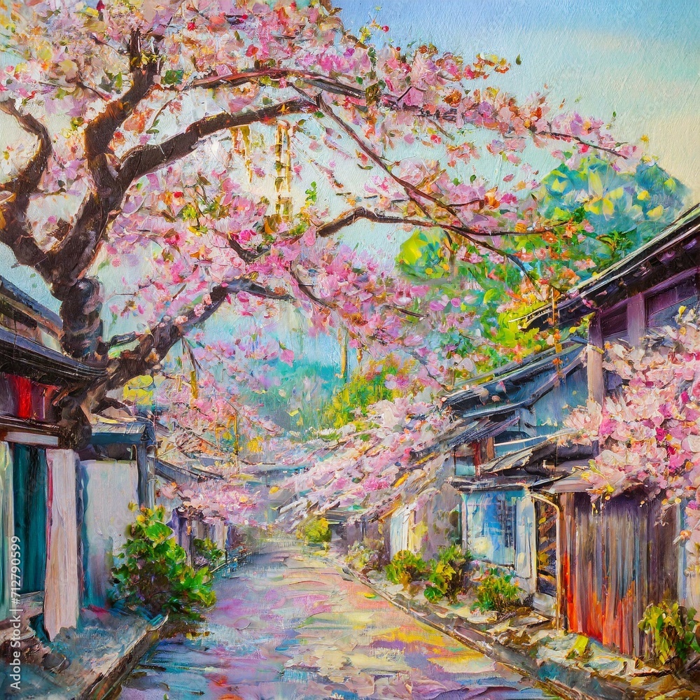 Painting of Japanese village street, cherry blossoms, mt fuji, art ...