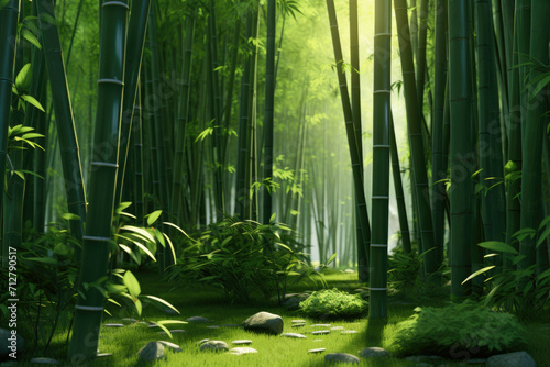 A bamboo forest  with its tall slender stalks and vibrant green leaves